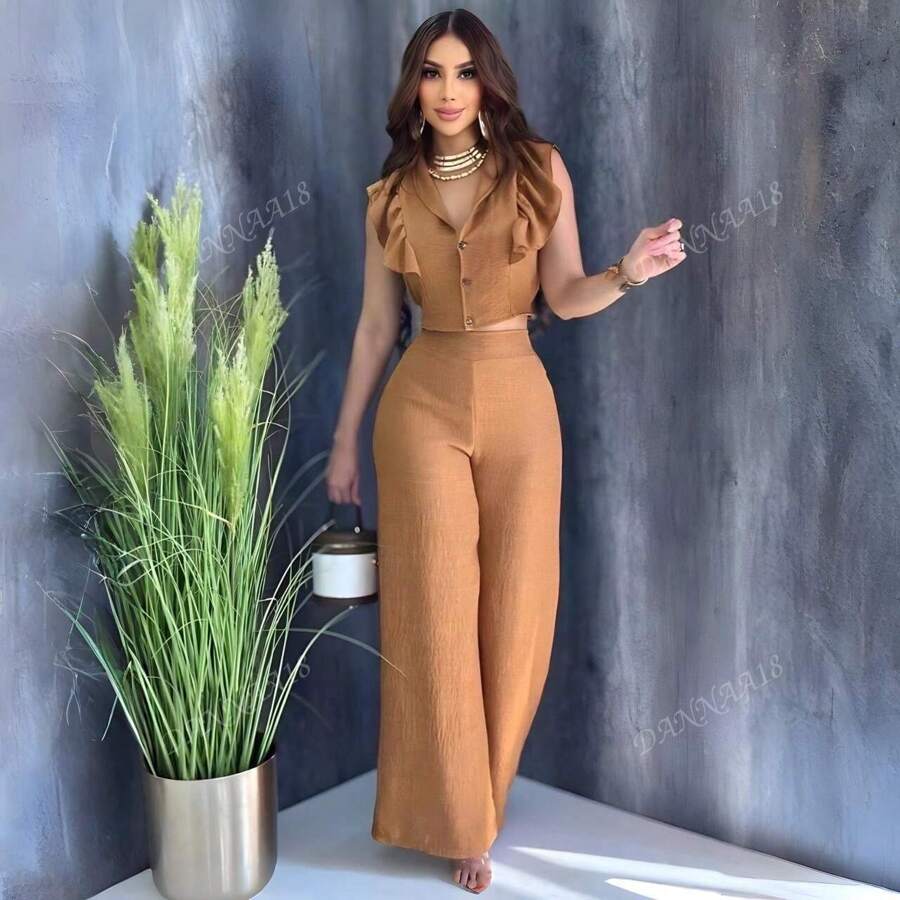 SET2 BLUSA CON MANGA VOLANTE APLIQUE DE BOTONES Y PANTALON CAMPANA CEY, SET 2 PZ LINDO, ELEGANTE FRESCO MUJER FORMAL CASUAL FRESCO TRABAJO CASUAL COMODO SEXY LINDO