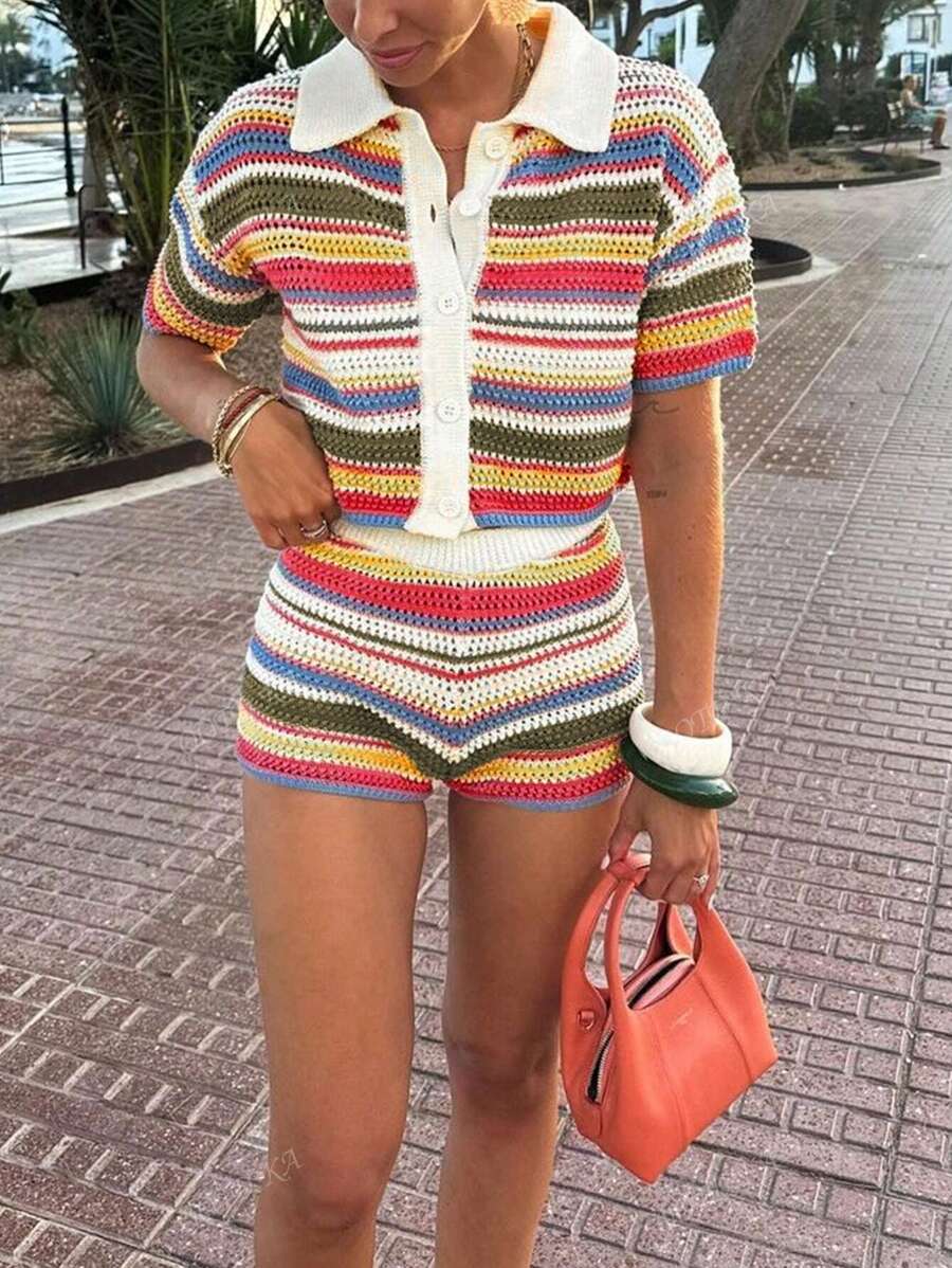 Dames strandvakantie mode vrije tijd temperament lente en zomer nieuwe kleur botsing gestreepte slanke shorts