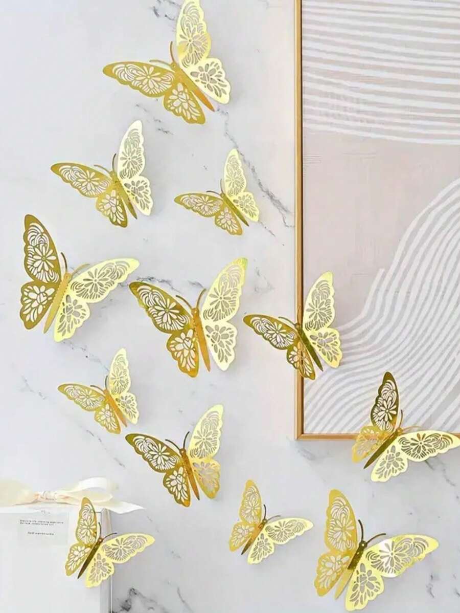 12pcs 3D Hollow Foldable Butterfly Wall Stickers, For Home Decoration, Gold Color Butterfly Decals Room Decor Wall Decor Personalised Stickers