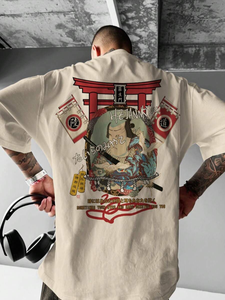 Shwiy Men's Street Stylish Tokyo Ancient Architecture & Samurai Print Short Sleeve White T-Shirt With Japanese Text, Suitable For Daily, School Wear And Gifts, For Back To School
