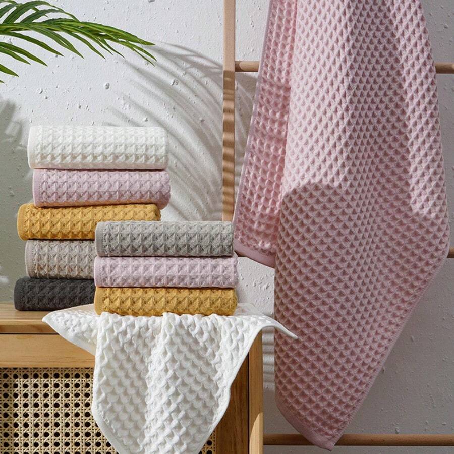 Juego de 3 piezas de toallas de waffle absorbentes: 1 toalla de baño de 70*140 cm + 1 toalla de mano de 34*80 cm + 1 paño de lavado de 35*35 cm, suaves y amigables con la piel para uso doméstico y de baño, de vuelta a la escuela para salón de belleza, hogar y baño