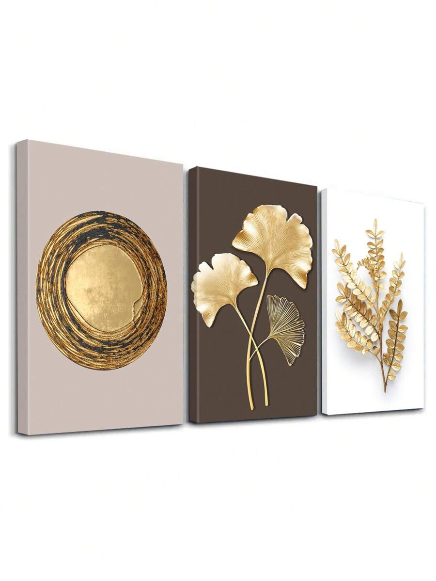 3 pièces Art mural moderne, œuvre d'art décorative dorée, Affiche imprimée de feuille de Gingko, Peintures sur canevas de feuilles, Art mural élégant, Peintures classiques, Esthétique de la pièce, Décoration de la maison, Cadeau idéal, Pour le salon, la chambre à coucher, la salle de bain, Cadre en option