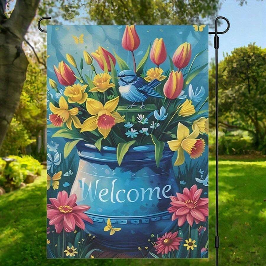 2D Hanging Banner, 1pc Welcome Spring Summer Garden Flag, Double-Sided Polyester Burlap Outdoor Banner, Multipurpose Home Garden Decor, 12x18 Inch, With Flower Pot And Bird Design, No Electricity Needed, Outdoor Yard Decoration
