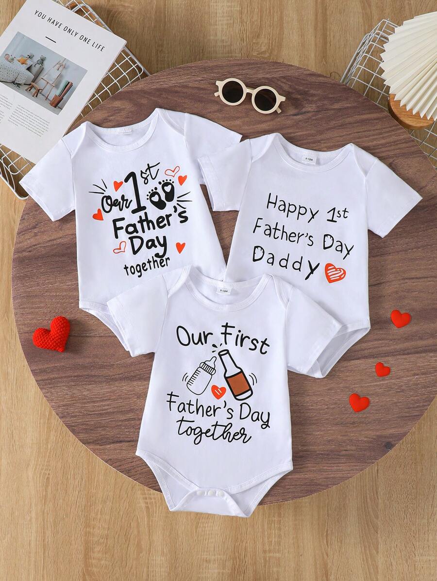 3pcs/Set Newborn Infant Casual Cute Father's Day Letter & Cartoon Print White Romper Suit, Summer