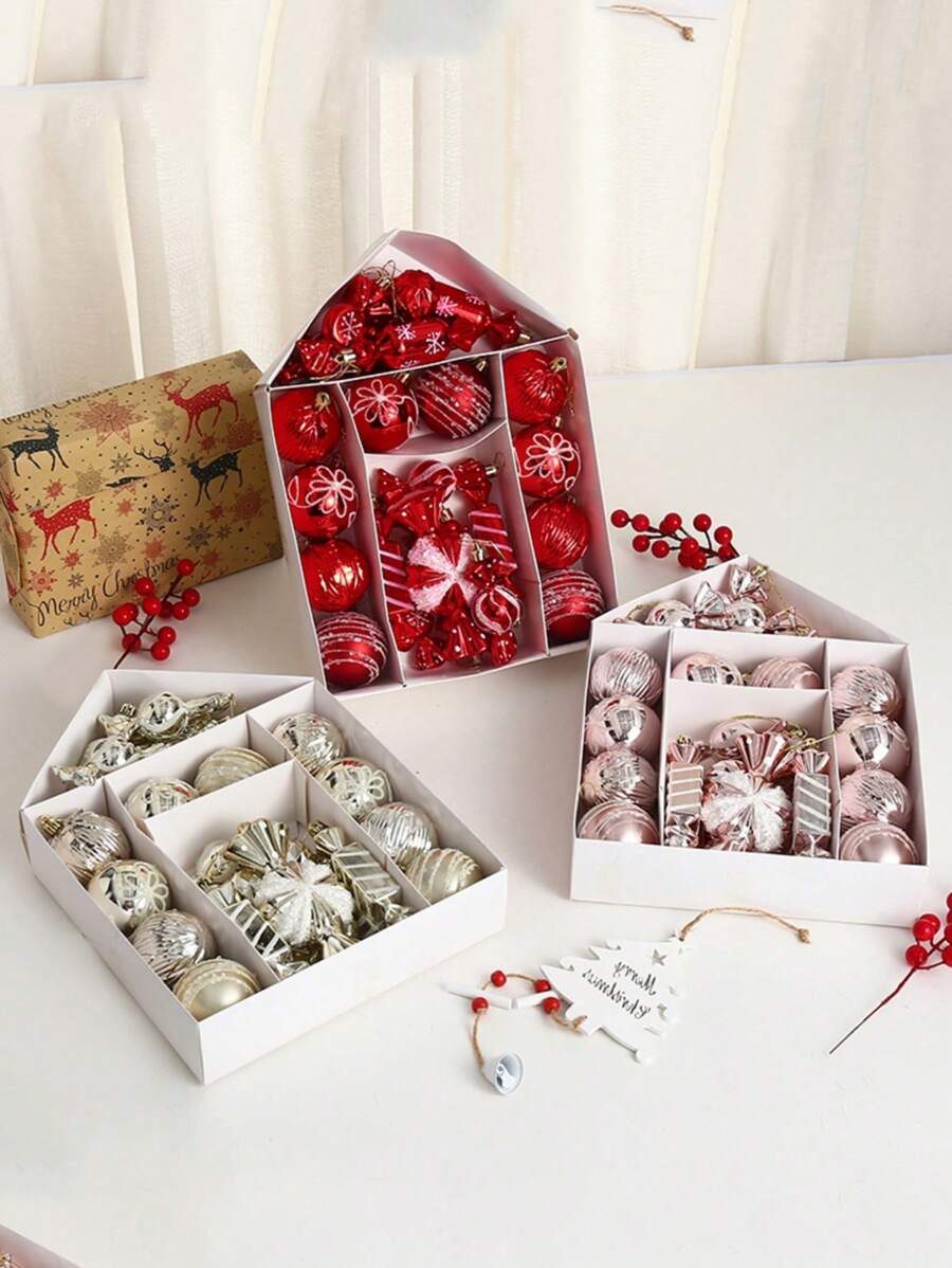 26pcs/Set New Christmas House Shaped Assorted Plastic Ball Candy Ornaments Decoration Set