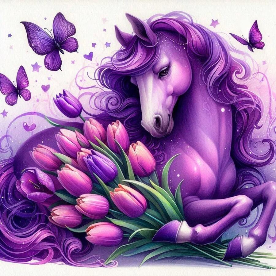 1pc Purple Horse & Flower - 5D Diamond Painting Kit For Adults, DIY Diamond Painting Full Drill For Beginners, Home Wall Decor, Suitable For Beginners, 5D Diamond Painting Kit, Complete Diamond Mosaic Set, Suitable For Home Wall Decor And Friend's Holiday Gifts, Unframed Canvas Wall Art, Applicable For Bedroom, Office, Living Room