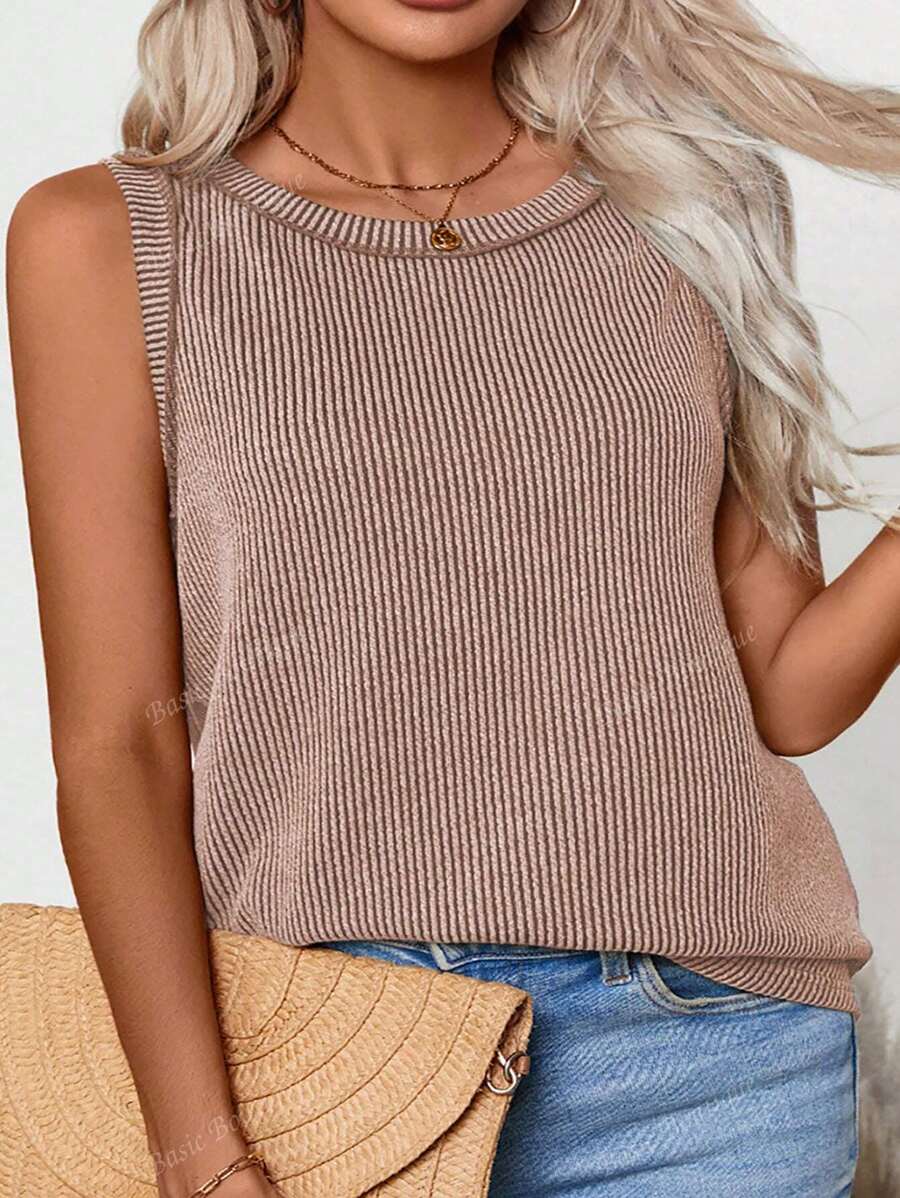 Plus Size Women's Round Neck Ribbed Vest Top Casual Vacation Summer