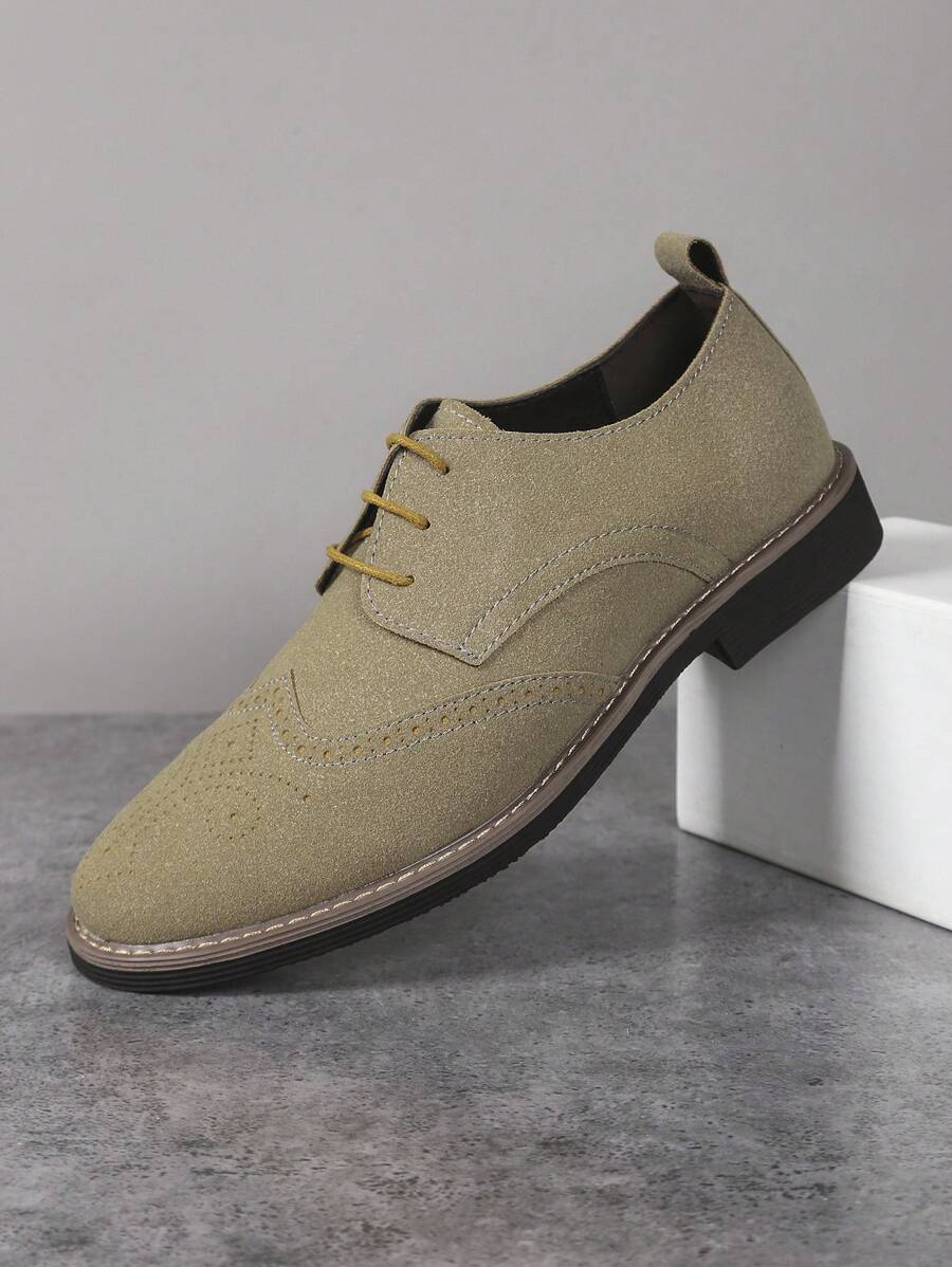 Men's Casual Matte Leather Brogue Round Toe Lace-Up Low Heel Flats, Lightweight, Suitable For Youth, Students And Daily Wear All Season
