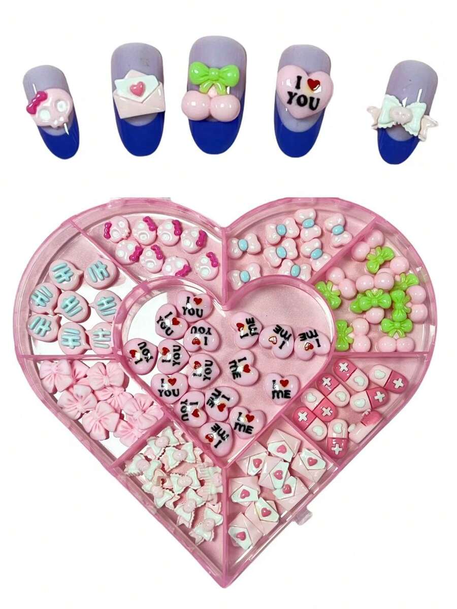 80Pcs/Box Kawaii Pink 3D Cartoon Skull Bow Heart Envelope Cherry Bow I Love You I Love Me Hi Pill Girls Women Nail Art Decoration Charms Gem Bulk Supply French Ballet Coffin Manicure Accessories Flat Back Small Resin Junk Phone Case Ipadcase Decoration Charms Diy Crafts