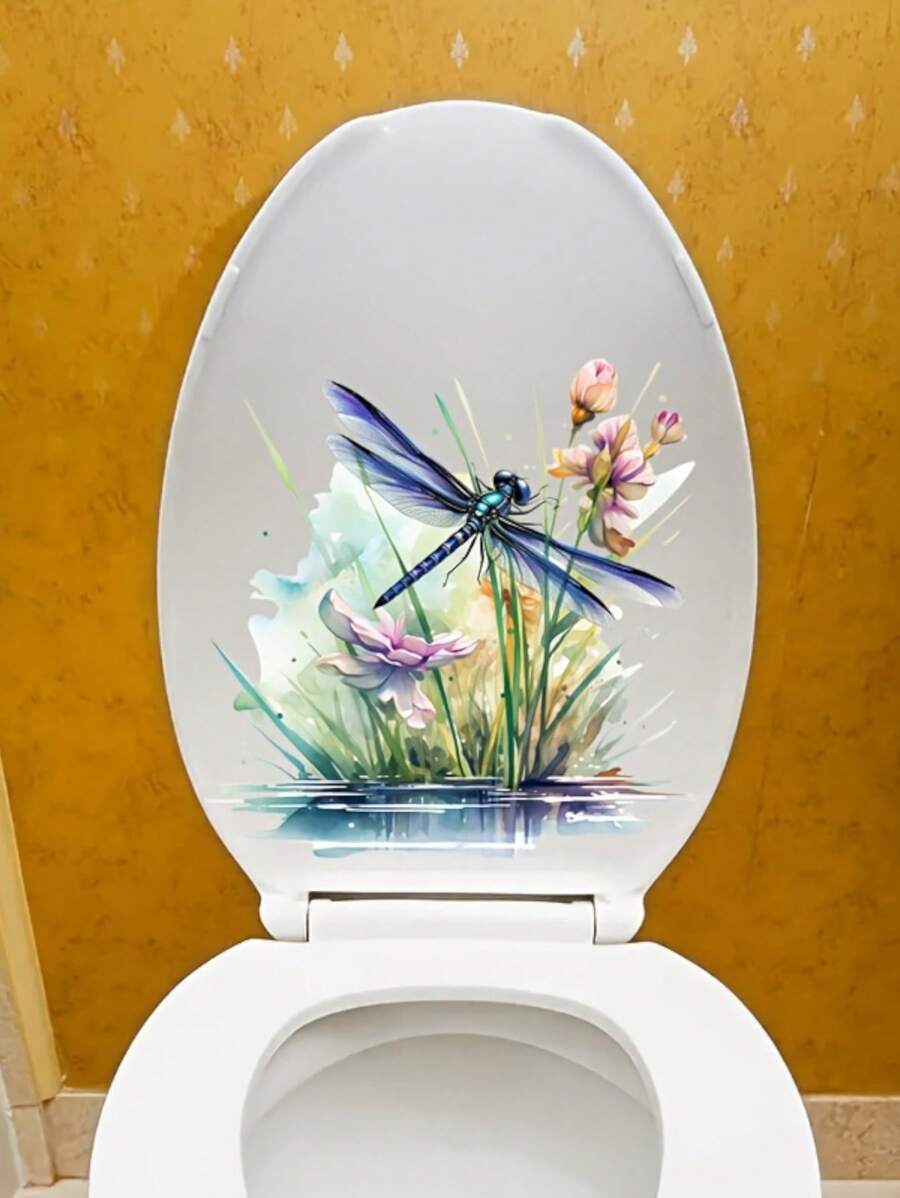 1 Pc Peach Lace Vivid Dragonfly Toilet Decal, Removable And Reusable Easy To Stick Suitable For Waterproof Floral Bathroom Decoration, Elegant Removable Home Aesthetic Art, Room Decoration