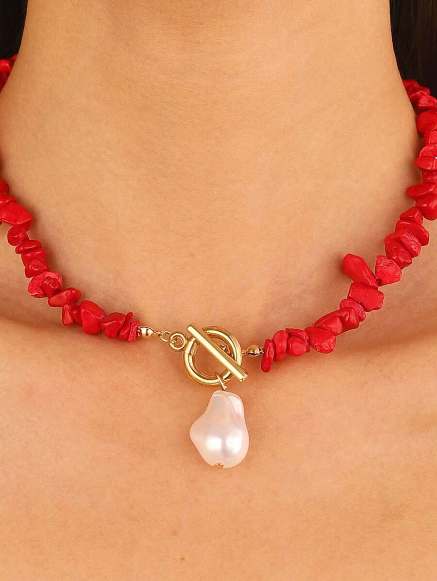 Niche Design Sense, Crushed Stone Beaded Necklace, Versatile For Women, Baroque Pearl Pendant, Collarbone Chain Accessory