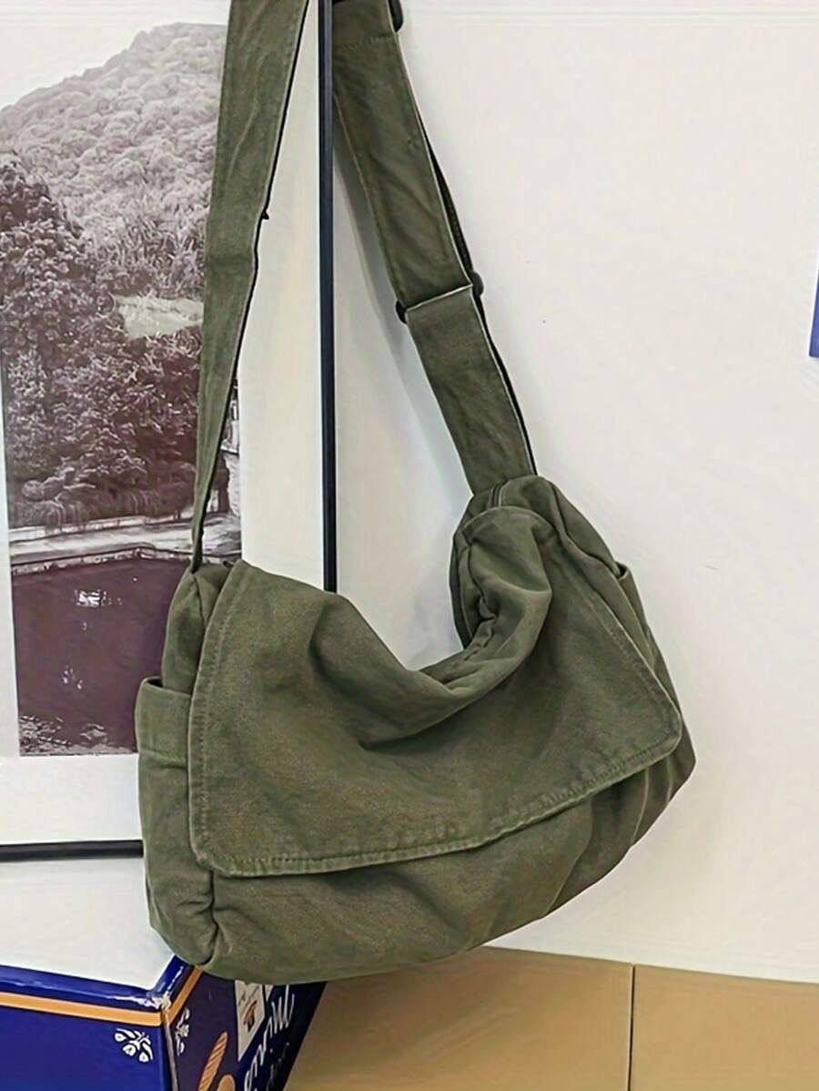 Oversized Washed Canvas Messenger Bags, Casual Shoulder Bags For Men, Minimal & Artistic Vibe, Large Capacity Canvas Flap Satchel Bags For Students, Solid Color