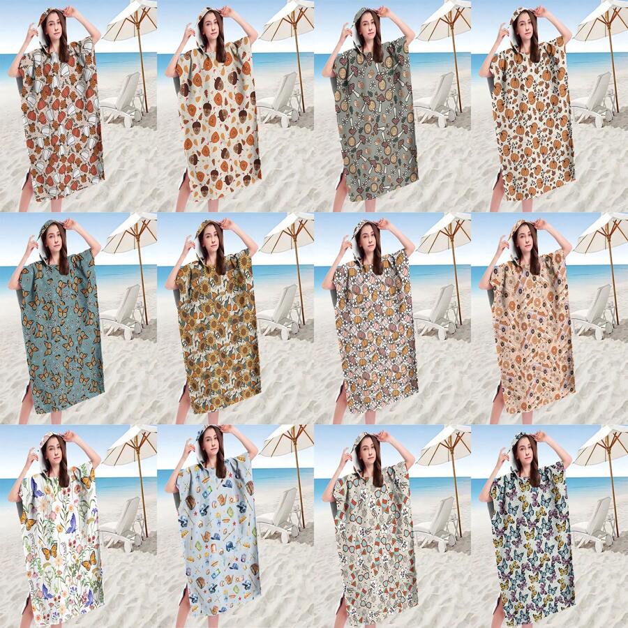 1pc Digital Printed Pattern Ultra-Fine Fiber Hooded Bath Towel, Suitable For Bathing, Swimming Pool, Travel Items, Festival Gifts