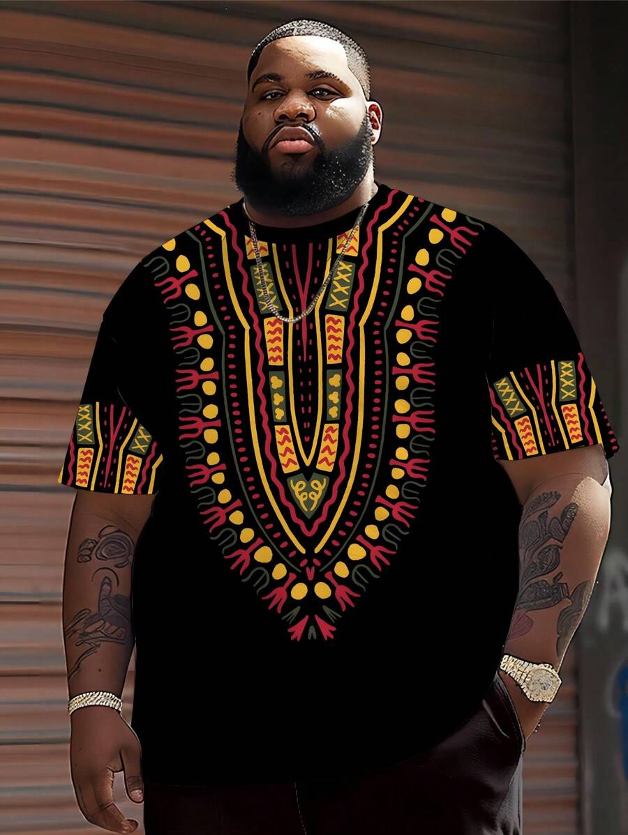 Plus Size Men's Totem Classic Print T-Shirt, Polyester Jersey Fabric, Round Neck, Casual Fit, Novelty Graphics Design