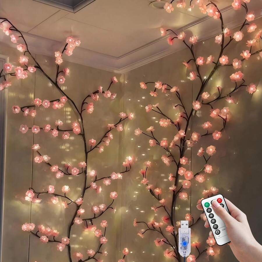 Gnkdfon Cherry LED Tree Branch Lights For Wall,USB Powered Willow Vine Lights Room Decor,Cherry Blossom Willow Vine Twig Decor Garland With 144 LED Lights And Remote,8 Lighting Modes,Vine Tree Decor Nightlight, Suitable For Indoor Atmosphere, Party, Holiday And Gift Ideas