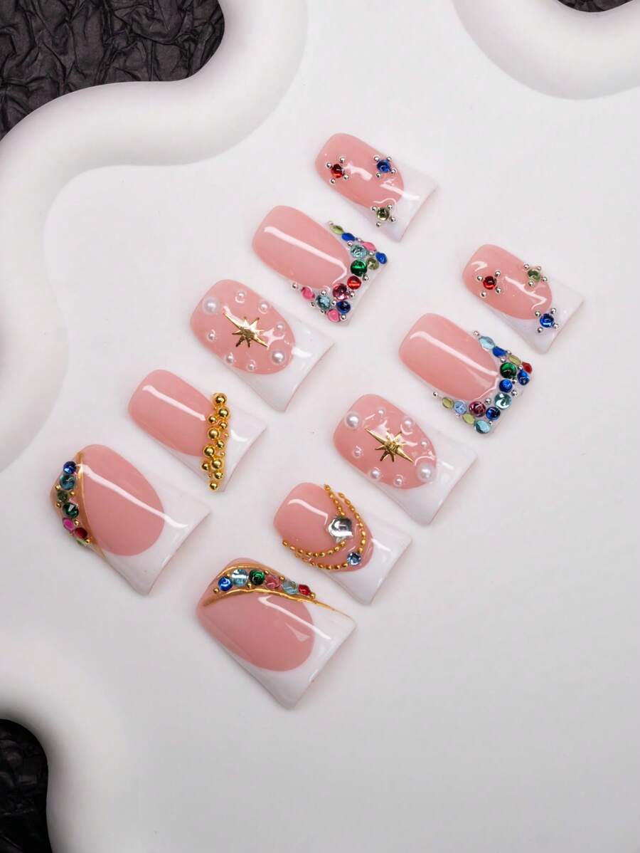 Spring/Summer Handmade Duck-Mouth Nail Art Set, Y2K Baddie Style, Including Nude, White French Tip Nails With White Accent, Multicolor Rhinestones, Pearl, Steel Ball Decorations, 10pcs/Set 3 Sizes, Suitable For Party, Wedding, Daily Wear, Comes With Tool Kit, Great Gift For Women And Girls