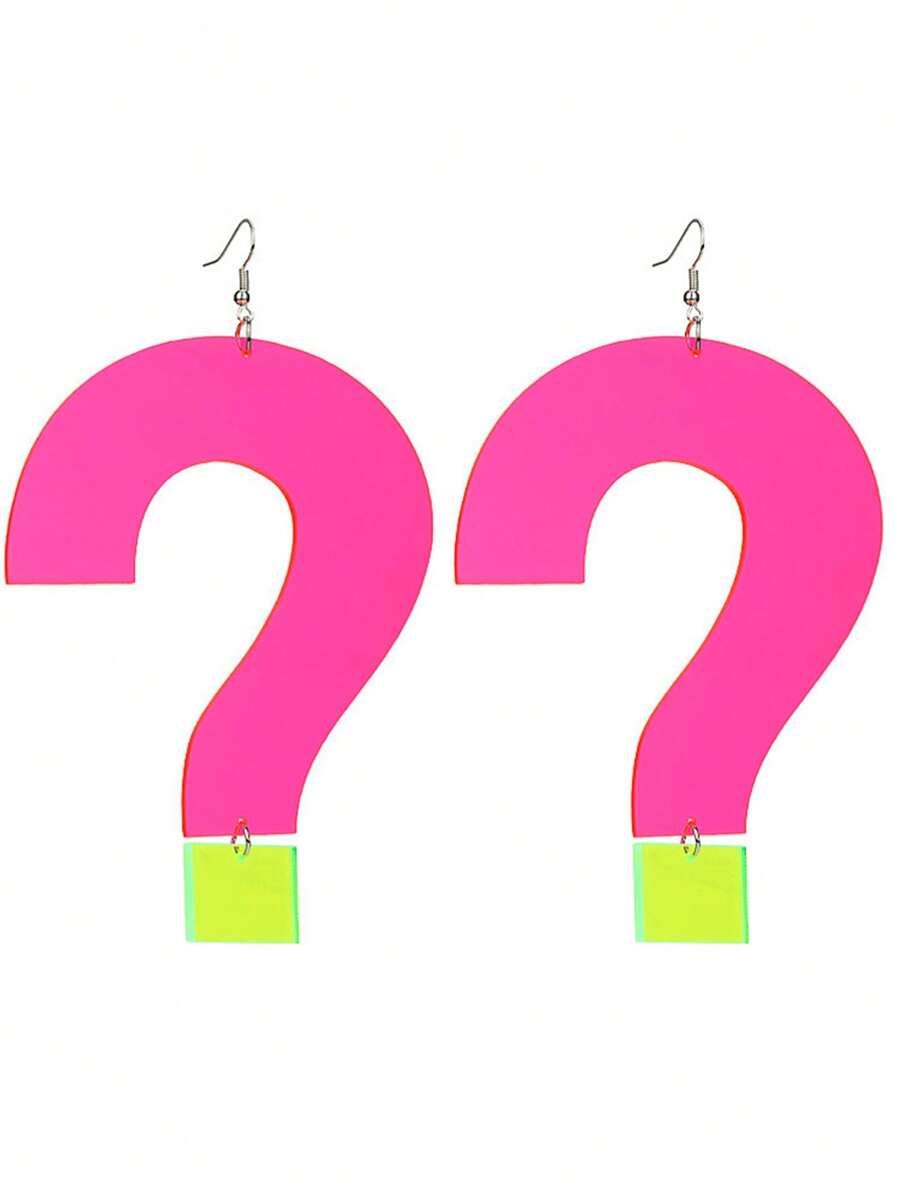 1 Pair Stylish Acrylic Neon Color Oversize Question Mark & Exclamation Point Pendant Earrings, Suitable For Women Party Wear