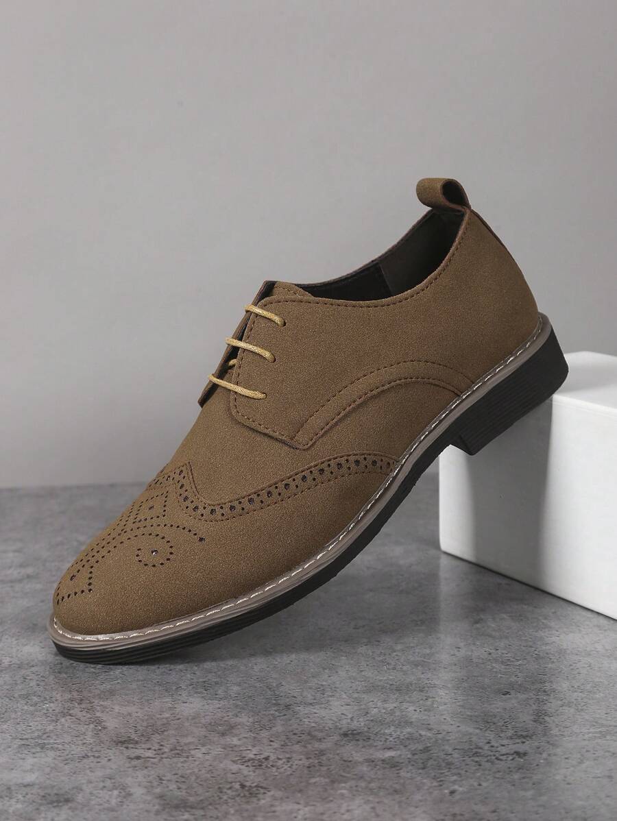 Men's Suede Lightweight Brogue Decorated Round Toe Lace-Up Casual Low-Heel PU Shoes, Suitable For Young Students Everyday Wear, Spring/Summer/Autumn/Winter