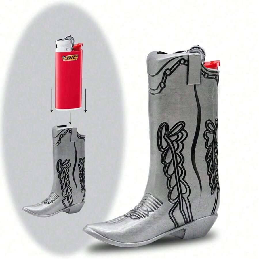 1pc Fashionable Silver Cowboy Boot Shaped Bic J6 Lighter Cover - Perfect For Parties And Daily Use