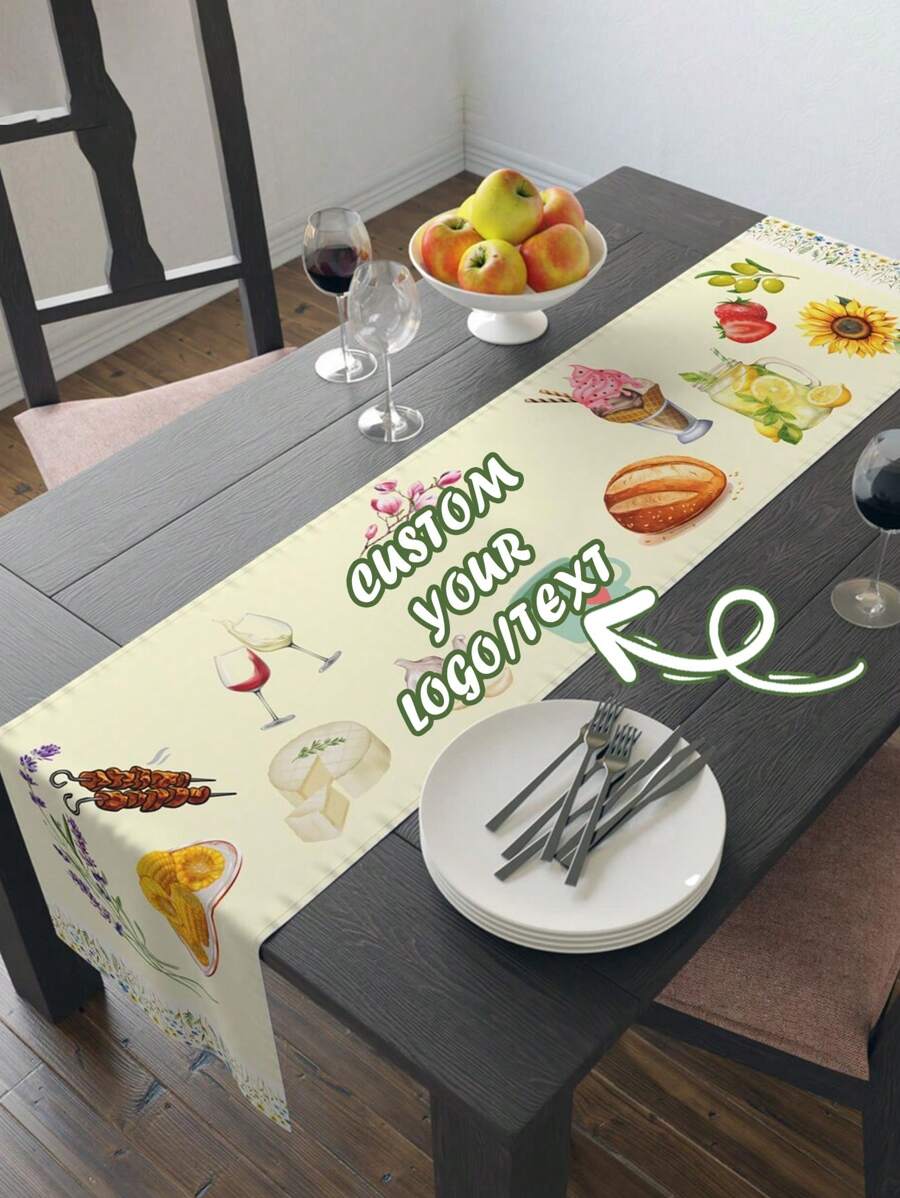 1 piÚce Chemin de table en lin personnalisé avec un motif de puzzle alimentaire et floral, décoration d'intérieur personnalisée, forme rectangle allongée, pour table de salle à manger, cadeau
