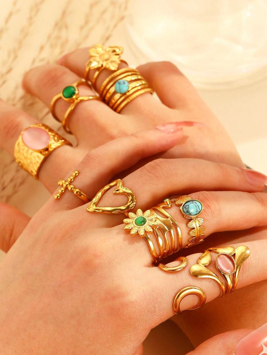 1 pieza Anillo de acero inoxidable con flor dorada y forma de corazón con gema falsa, apto para uso diario para mujeres