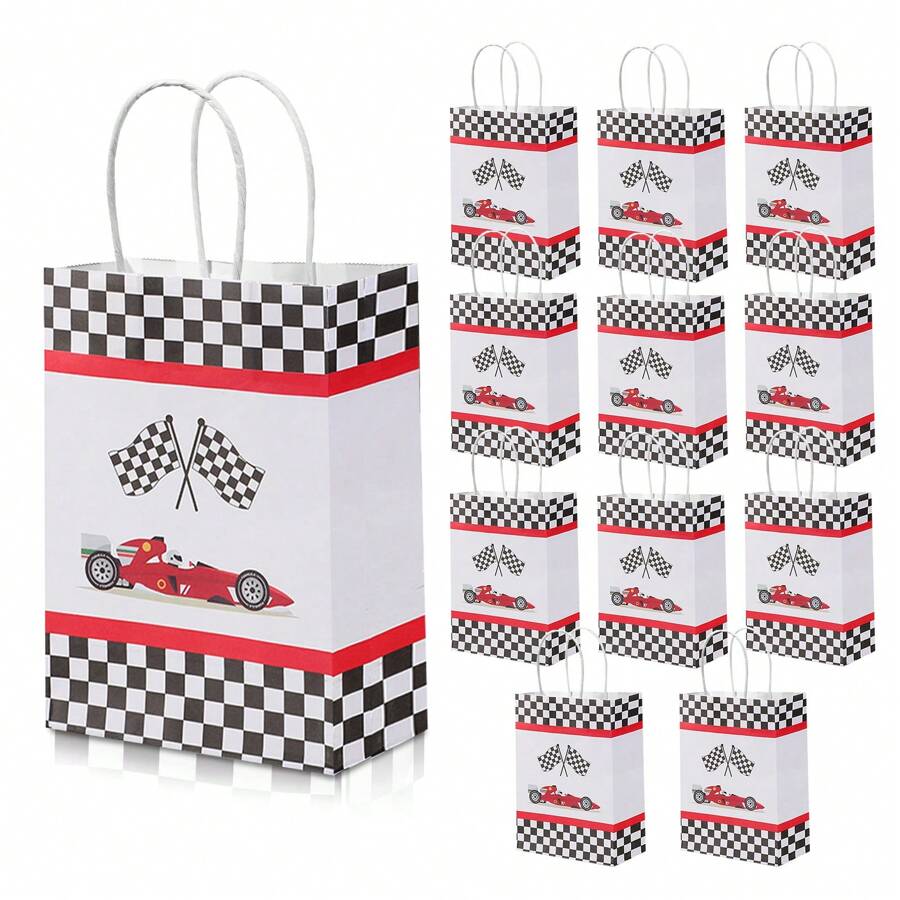 12 Peças Sacolas Quadriculadas para Doces Festa Corrida, Sacolas de Brinde de Festa de Carro de Corrida com Alças, Bandeira de Corrida Quadriculada Preta e Branca, para Festa de Aniversário com Tema de Carro de Corrida
