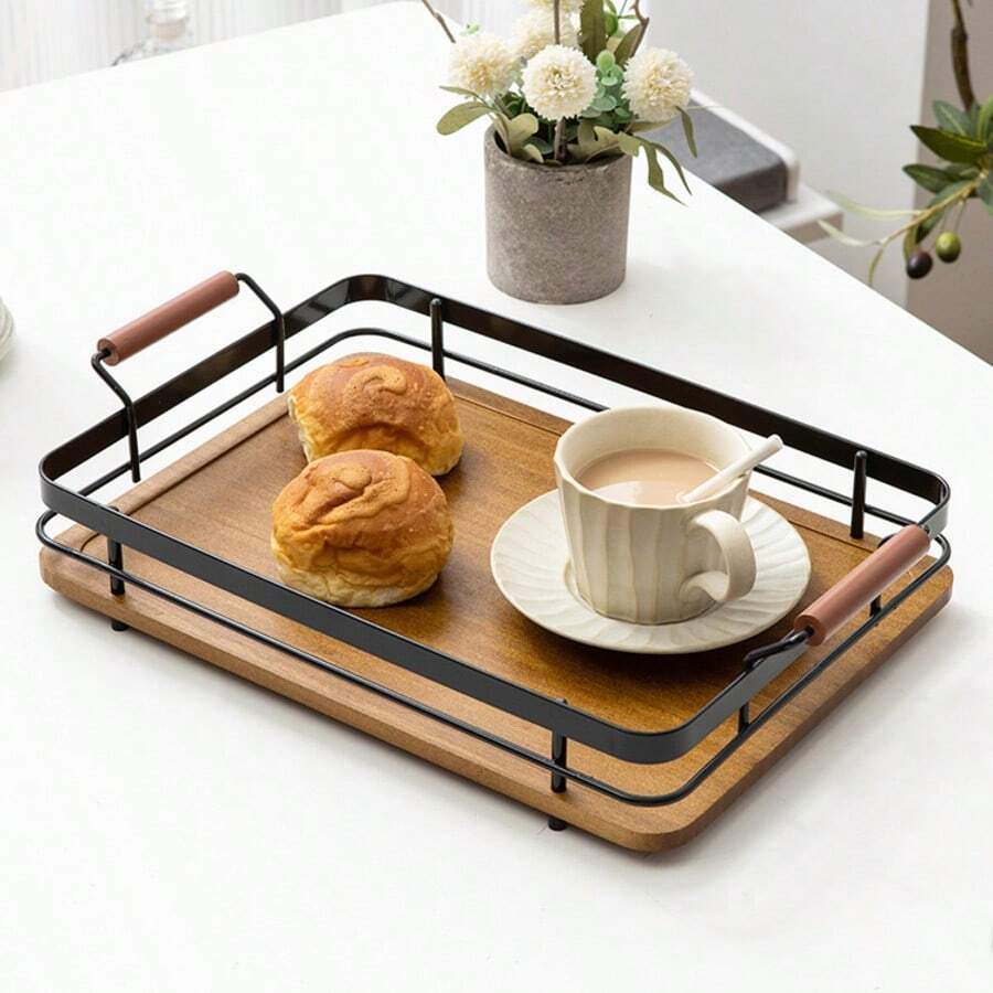 1 tavă dreptunghiulară combinată din fier și lemn, tavă de servire minimalistă din bambus și lemn cu mâner metalic, potrivită pentru acasă, cafenea, hotel
