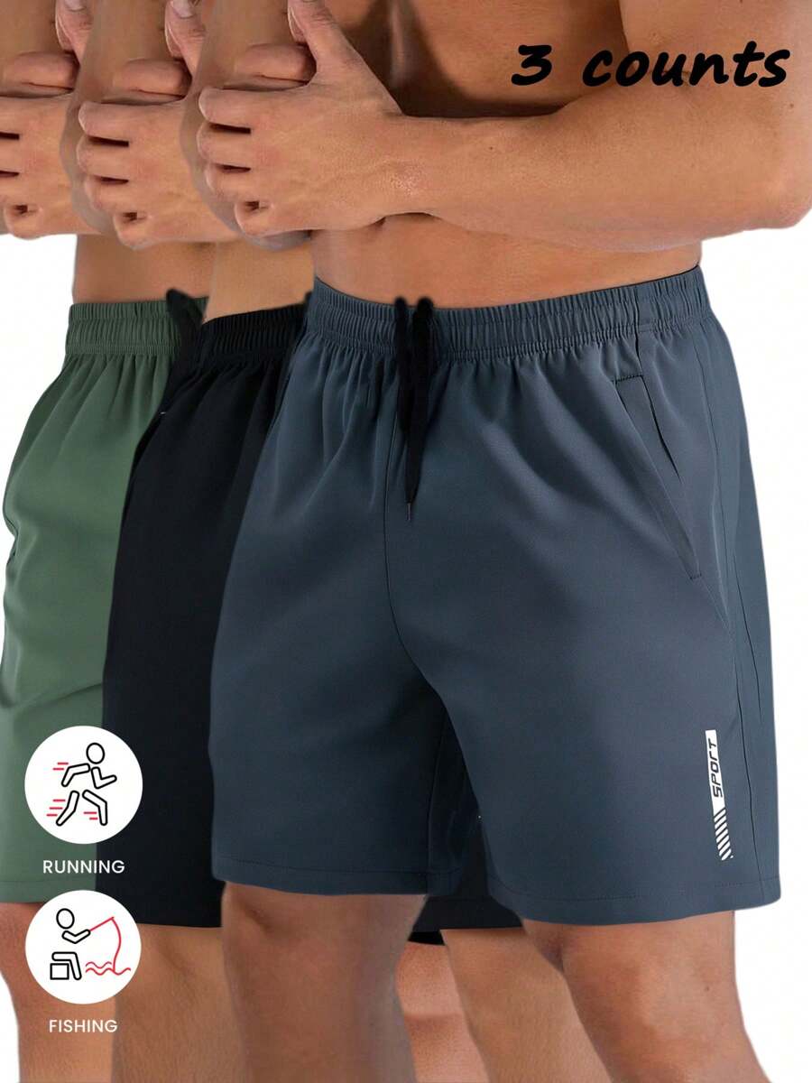 3-Counts Men's Summer Thin Ice Silk Quick-Dry Bermuda Shorts With Loose Straight Fit And Brand Logo Print