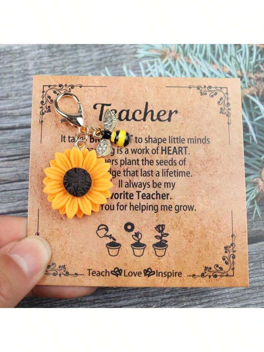 Llavero con diseño alegre y elegante de girasol y abeja, con tarjeta de regalo - Aleación, diseño de dibujos animados/plantas/fiesta - Regalos ideales para maestros en graduaciones y ocasiones especiales, regalos de aprecio