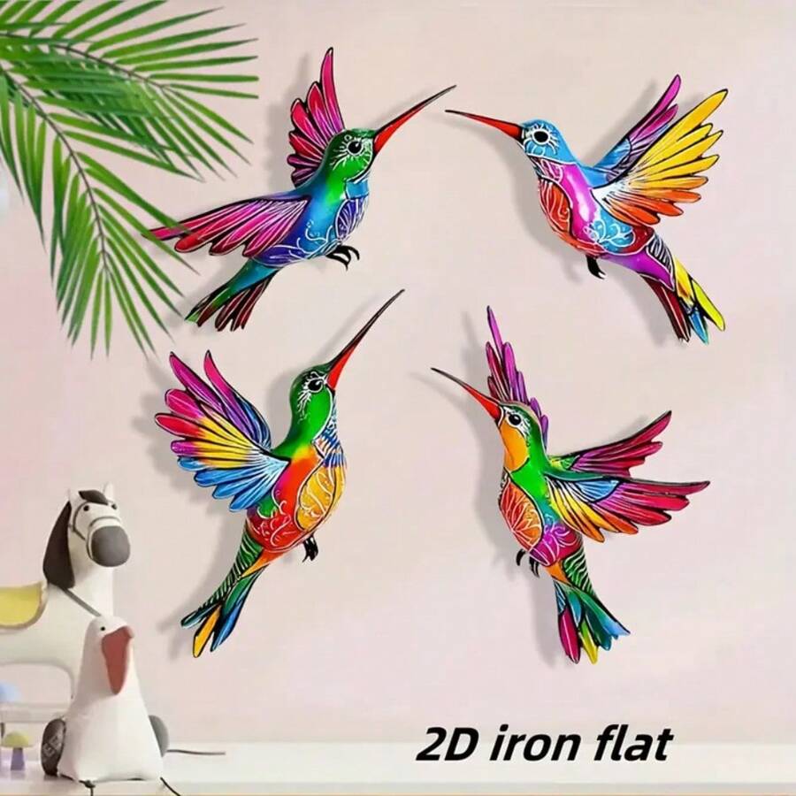 4pcs Bohemian Style Metal Hummingbird Wall Art Decor – Vibrant 2D Iron Print For Patio, Garden, Living Room & Bedroom – Colorful Outdoor Fence Decoration, Perfect Gift For Family And Friends, Outdoor Decor