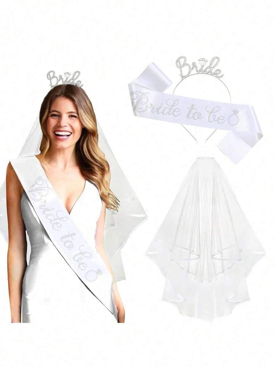3pcs/Set-Wedding Bridal Veil & Ribbon & Headband,Bride-To-Be Party Set With Stylish Sash,Perfect For Bachelorette & Bridal Shower Decor