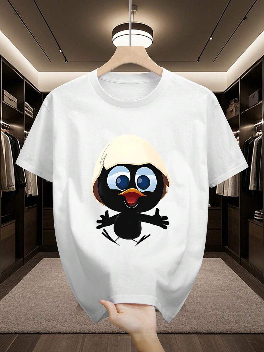 Camiseta de manga corta con cuello redondo y estampado de pato de caricatura casual para hombres