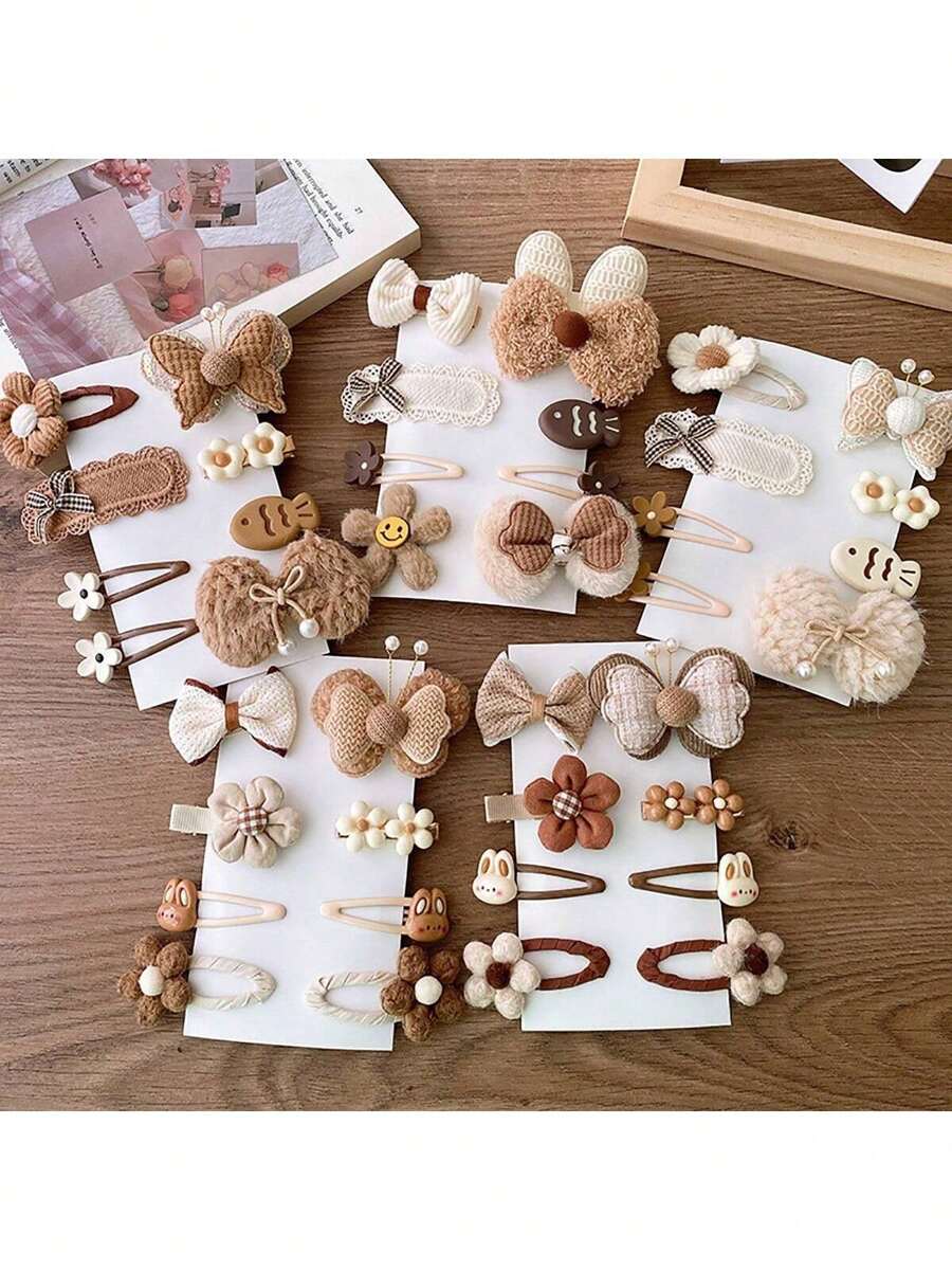 1card (8pcs) Random Color & Style, Autumn/Winter Plush Fabric Bowknot Flower & Cartoon Rabbit Barrette, Cute Baby/Girls Hair Clips