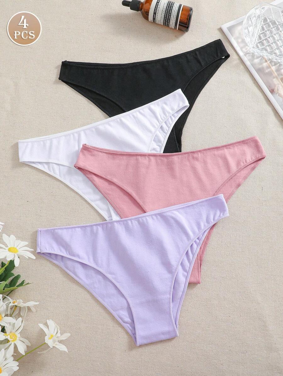4 piezas Bragas/Ropa interior de mujer de algodón unicolor, sin costuras y transpirables