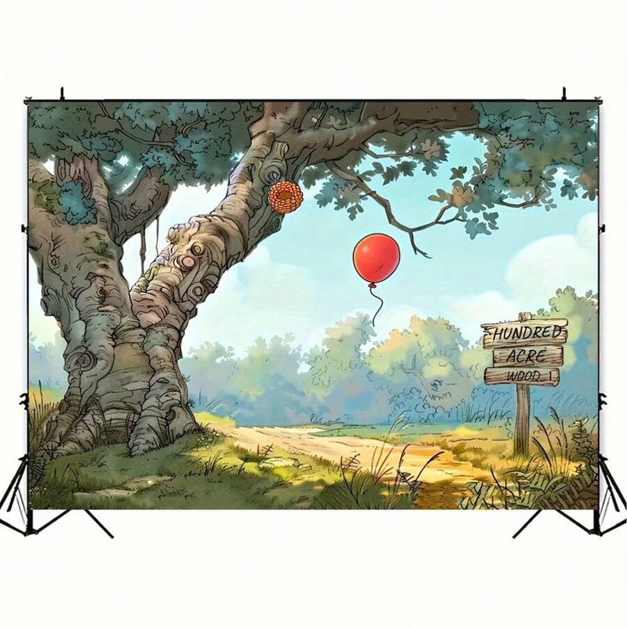 1 pièce Fond de photographie de forêt de printemps de dessin animé - Fond de photo de fête d'anniversaire de l'ours miel avec des ballons rouges et une banderole en bois, décoration de fête de lumière polyester sans électricité