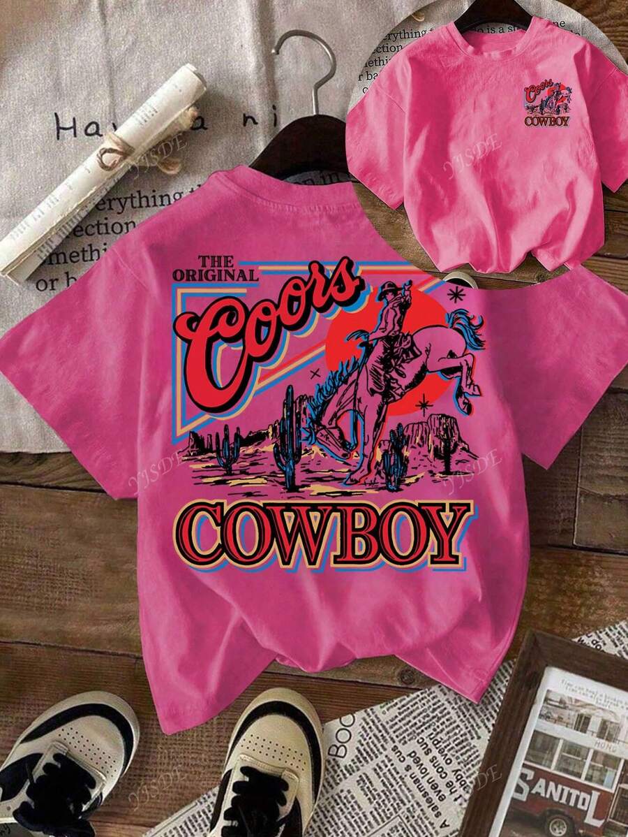 Maglietta stile casual comoda con scollo a equipaggio, con stampa western e da cowboy, taglie comode per taglie forti