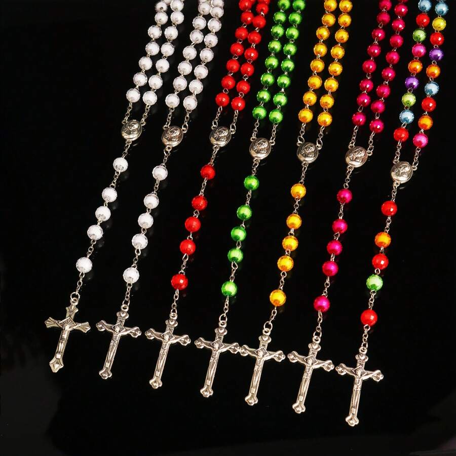 1pc Fashionable Vintage Rosary Necklace With Cross & Beads, Versatile Design Suitable For Party And Everyday Wear