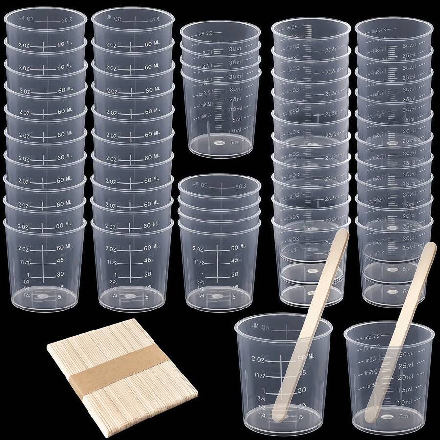 60 Ml 2 Oz/Set And 30 Ml 1 Oz/Set Plastic Graduated Cups Clear Epoxy Mixing Cups With 50 Wood Craft Sticks For Resins, Epoxies, Stains, Mixed Paints 10pcs/1set 50PCs/1SET