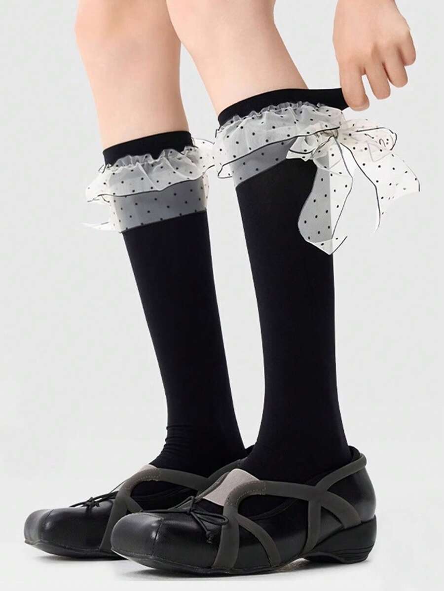 1 Pair Women's Cute Bow & Polka Dot Long Socks, Sweet Style Mid-Calf Length Stockings, Suitable For Spring & Autumn