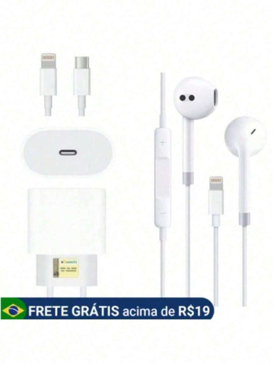 Kit Carregador Turbo 20W USB-C e cabo mais fone de ouvido lightning compatível 6 7 8 11 12 13 Max X XR XS