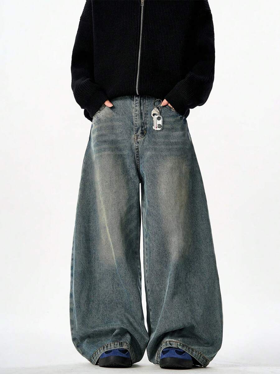 1 pieza Vaqueros de hombre con pierna ancha y ajuste suelto con efecto desgastado vintage, de moda y versátiles