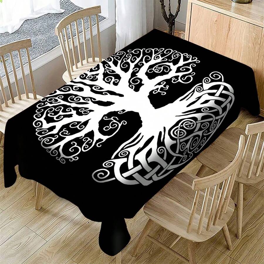 1 Stück Tischdecke mit abstraktem Baum-Muster auf schwarzem Hintergrund, geeignet für Zuhause, Esszimmertisch, Familienessen, tägliche Küchentischausstattung