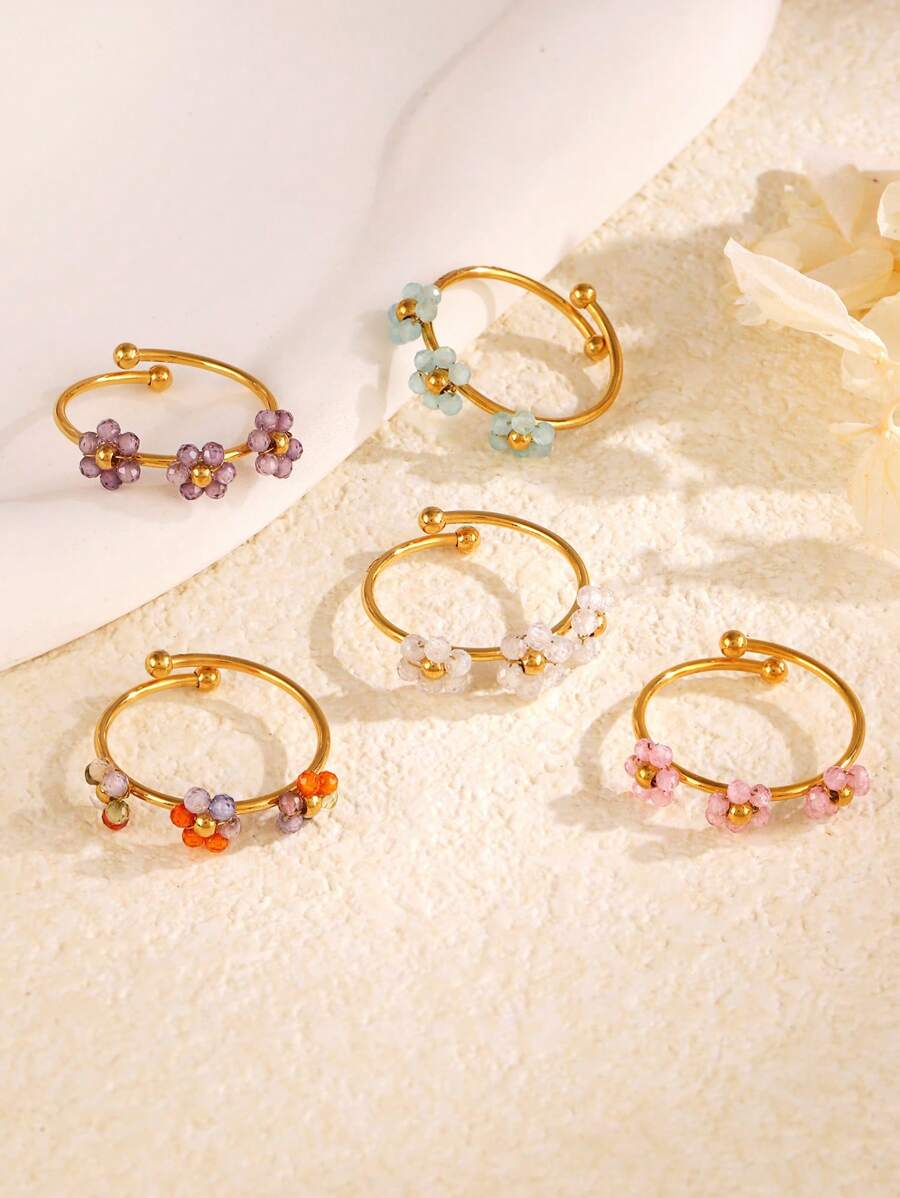 1 pieza de anillo decorativo de acero inoxidable de la serie de flores de colores de moda de verano, con diseños multicolor, blanco, rojo, morado y rosa, de diseño casual, versátil y elegante, apilable, adecuado para el uso diario, vacaciones y viajes de las mujeres, con accesorios enchapados en oro de 18K