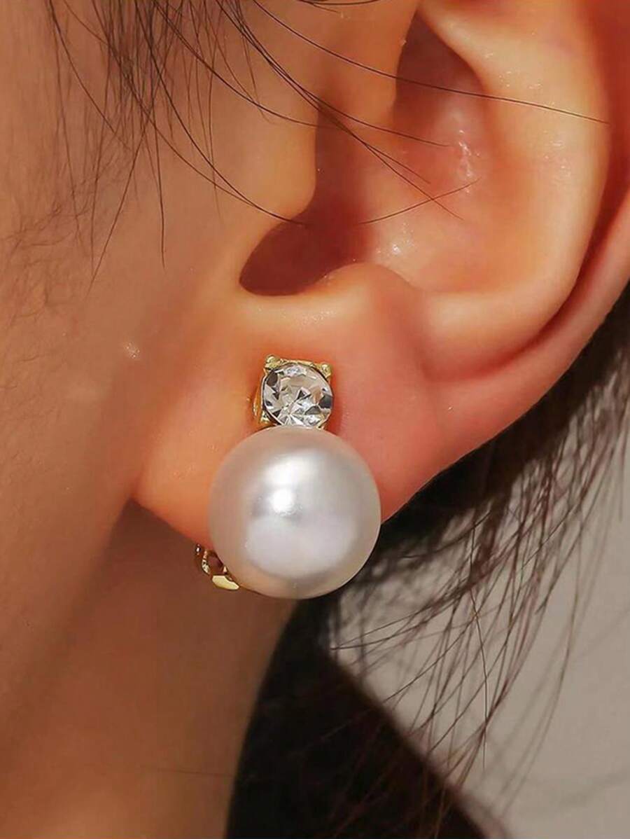 2 piezas Pendientes de clip con perlas falsas y rhinestones, de estilo vintage, elegantes y clásicos para mujeres, adecuados para bodas y eventos formales
