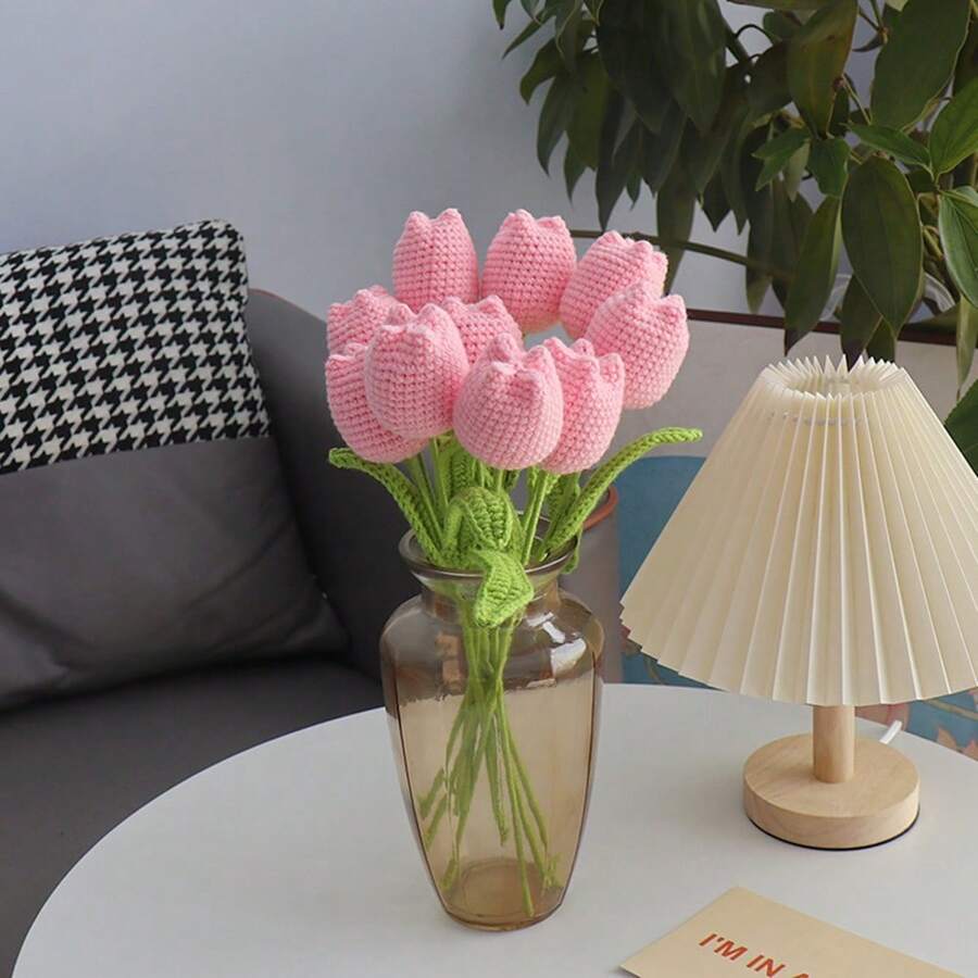 7pcs Artificial Woven Tulips, Crochet Flower Bouquet, Graduation Ceremony Gift, Wedding Party Decorations, Teacher Appreciation, Graduation Favors, Teacher's Day, Mother's Day, Valentine's Day Gifts, Home Decor, Summer Indoor Vase Decor