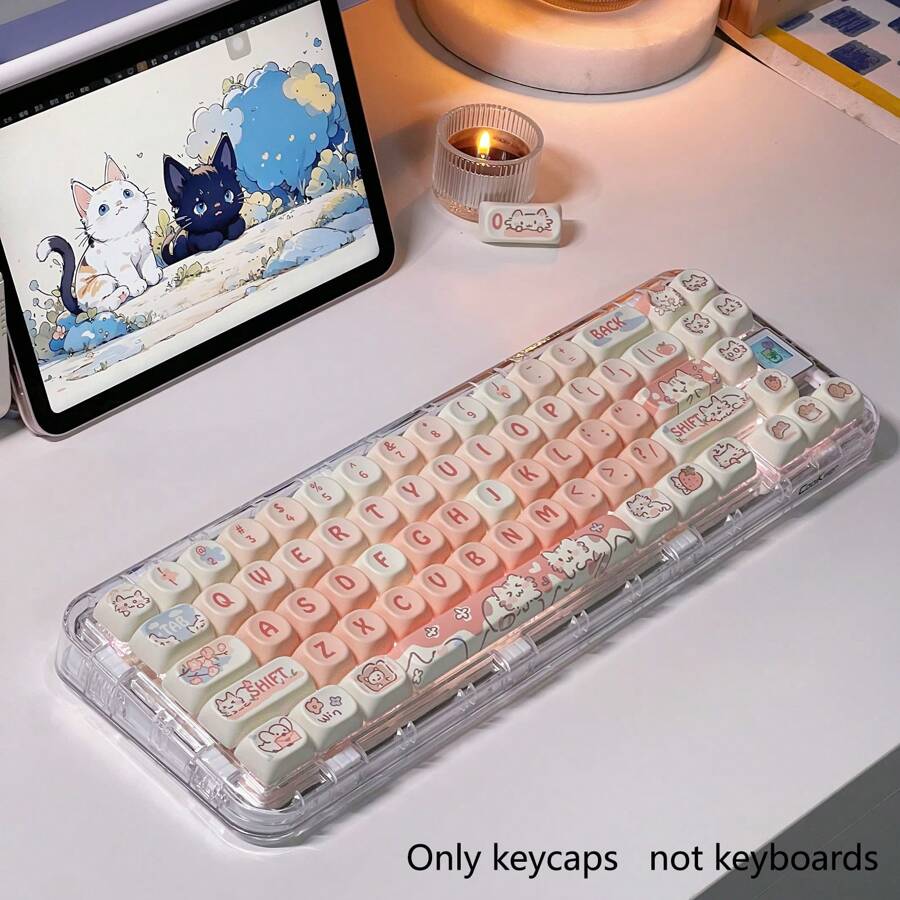 142 Keys Party Kitten Keycaps, Cute Cat-Shaped MAO Height Personalized Keycaps, PBT Dye-Sublimated, Suitable For 61/75/87/98/100 Keyboards