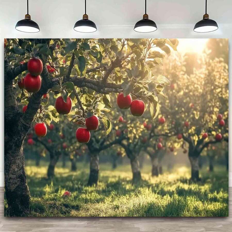 Hintergrund mit Apfelbaum, der in der Sonne erstrahlt - perfekt für Innen- und Außendekoration, Wohnzimmer, Büro oder Partyumgebung - aus Polyestermaterial, Dekorationshintergrund für Innenräume | Obstbaumdesign | Polyester Hintergrund, Außendekoration