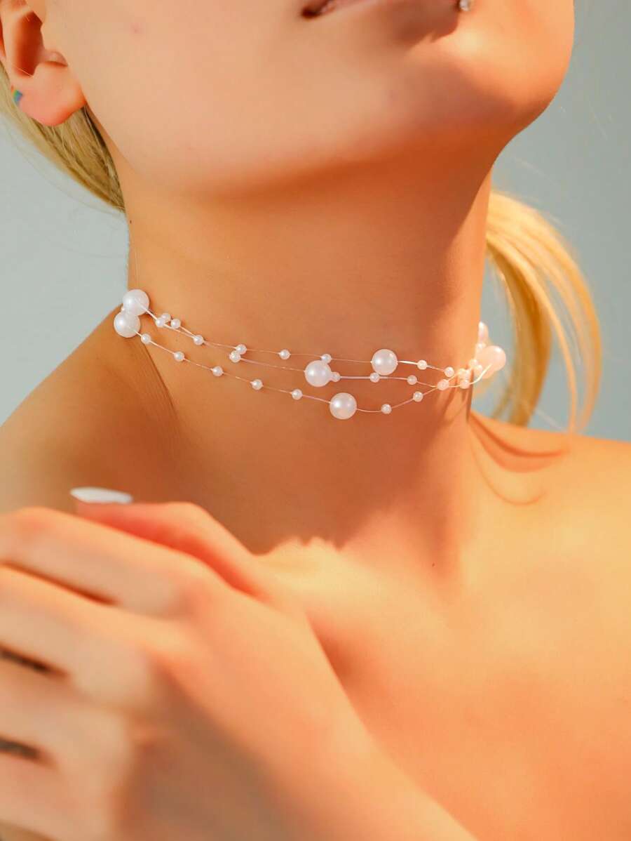 1pc Fashionable Multilayer Elegant Fresh Elegant Faux Pearl Necklace, Suitable For Personalized Women, Party, Vacation, Jewelry