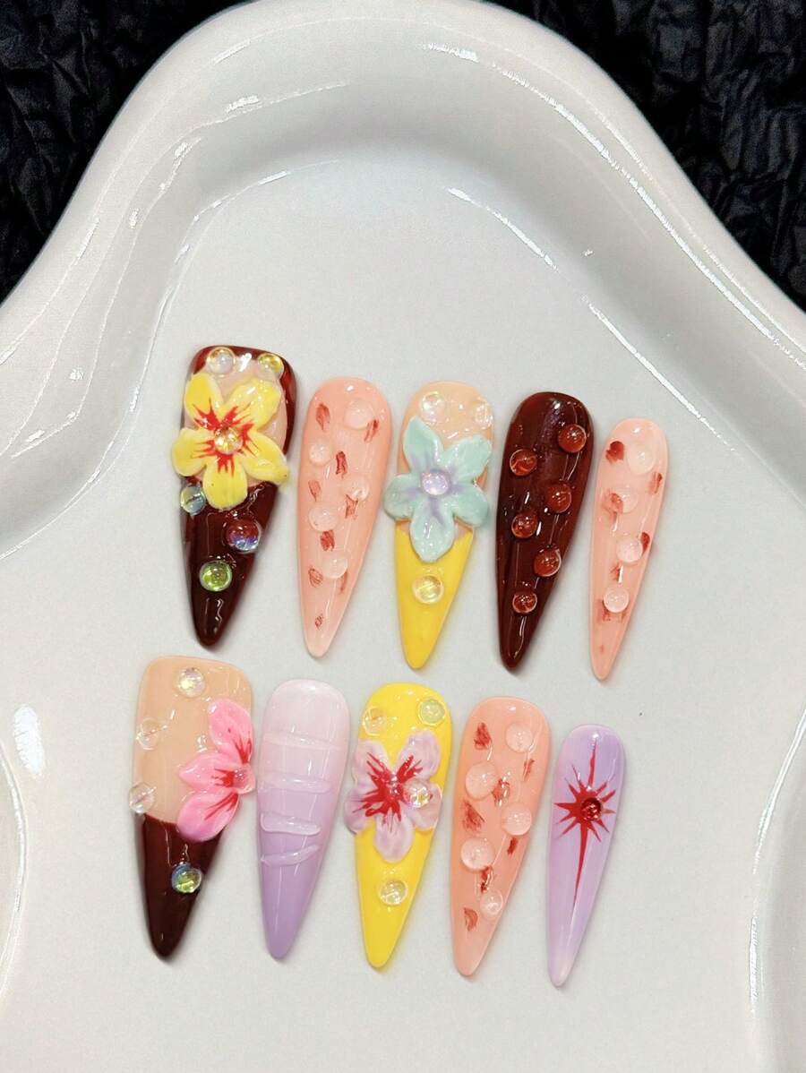 10pcs Hawaiian Dopamine 3D Devil Flower Handmade Acrylic Press On Nails, Colorful Summer Nails Extra Long Stiletto Pointed Fake Nails, Full Coverage French Tip Nails With Jelly Glue And Nail File, DIY Nail Art Supplies