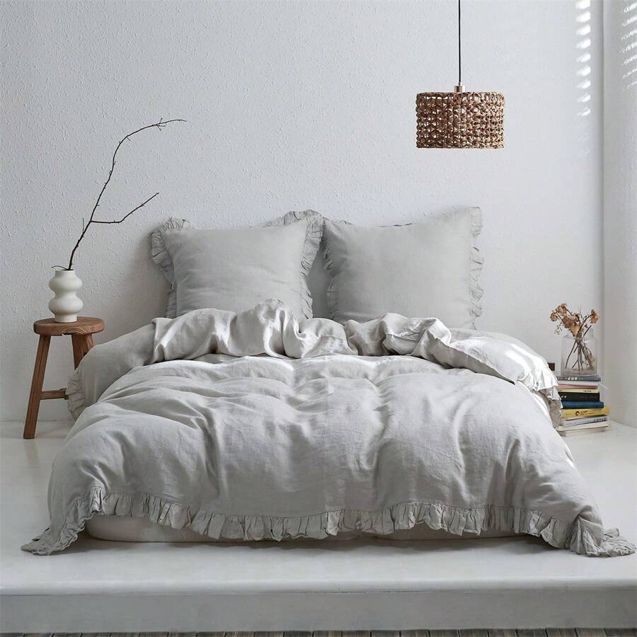 2/3 PCS 100% Linen Duvet Cover Set, Natural French Flax Ruffle Duvet Cover, Breathable Comfy Linen Bedding Comforter Cover With 1/2 Pillowcases